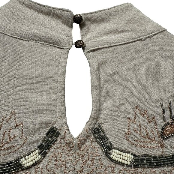 FREE PEOPLE Flowy Blouse XS Oversized Rayon Long Sleeve Boho Top Beaded Beige - Picture 8 of 14